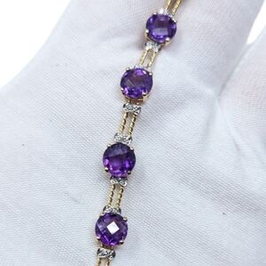 10kt Two-Toned Solid Yellow & White Gold Amethyst Diamond Accent Bracelet